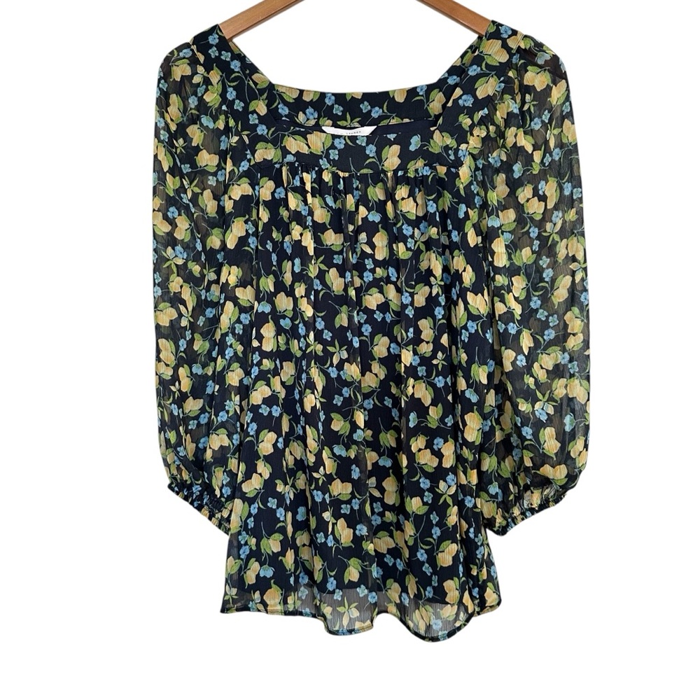 LC Lauren Conrad Lemon Print Peasant Blouse Sheer Boho Top Size Small Summer